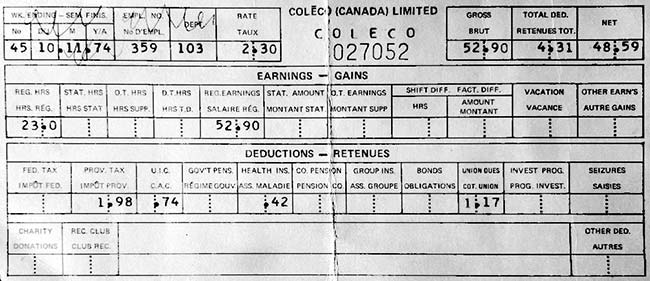 A worker’s pay stub from Coleco. The individual worked 23 hours, was paid $2.30 per hour, and netted $48.59 from gross earnings of $52.90.