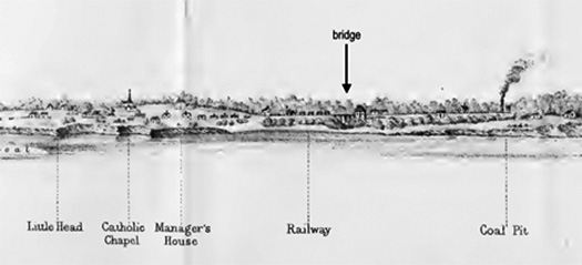A map showing where the following places are in relation to each other: Little Head, Catholic Chapel, Manager's House, Railway, Bridge, and Coal Pit.
