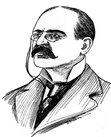 A sketch drawn of a middle aged white male. He is wearing a suit and has a mustache. He is wearing a style of eyeglasses called Pince-nez.
