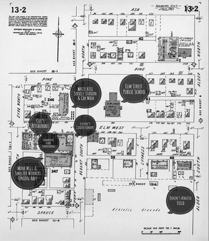 Map of central Sudbury showing the locations of the Mine Mill and Smelter Workers Union Hall, Paramount Home Furnishings, Steven’s Confectionery, Gus’s Restaurant, White Rose Service Station & Car Wash, Elm Street Public School, and Queen’s Athletic Field.