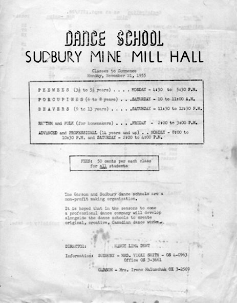 A promotional flyer with the following information:
Classes start Nov. 21, 1955. Cost is 50 cents each. Peewees (3 ½ to 5 ½ years), Porcupines (6-8 years), and Beavers (9-13 years). Rhythm and folk for “homemakers.” Advanced and professional classes for 14 and up. Also noted on the flyer is their future hope to develop a professional dance company.