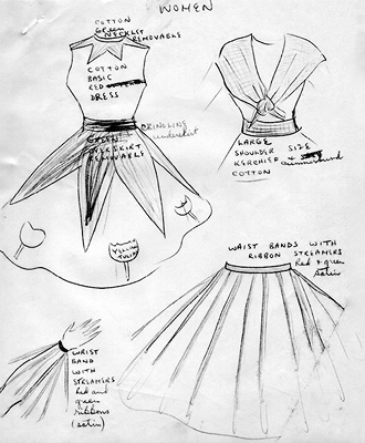 Hand drawn illustrations of a skirt and wrist band with ribbon streamers, a bodice with a cummerbund and kerchief tied in front, and a dress with sleeveless bodice, tulip appliqués and contrasting collar and zigzag-edged overskirt.